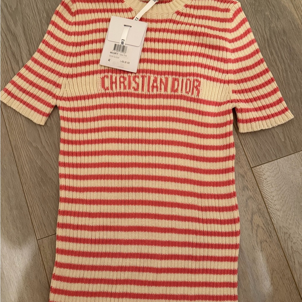 Christian Dior Diorivera Ribbed Stripe Sweater top Cream Pink 42 sz 10 NWT $1450